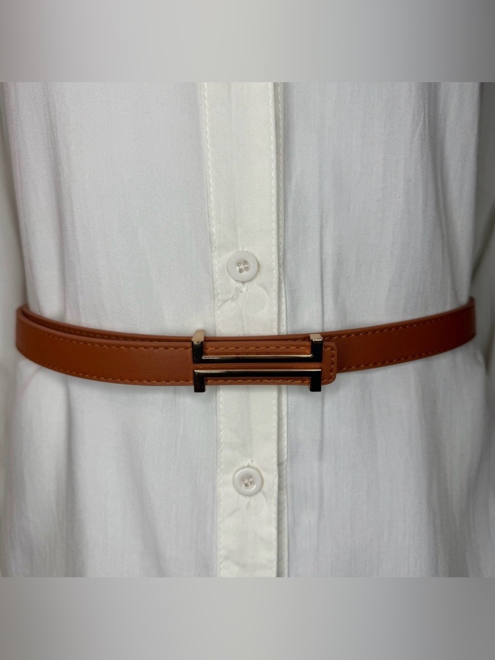 Brown faux leather gold tone buckle skinny belt